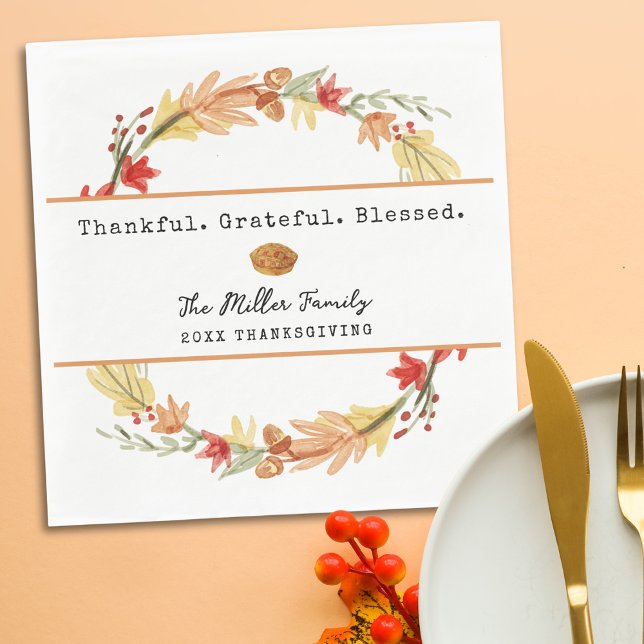 Personalised Family Name Custom Fall Thanksgiving Napkin (Personalized Thanksgiving Napkin | Thankful Grateful Blessed Custom Family Name Fall Table Setting)