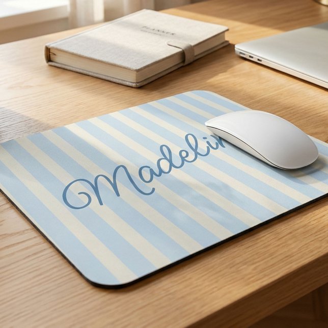 Personalised Family Name Custom White Blue Stripes Mouse Pad (Creator Uploaded)