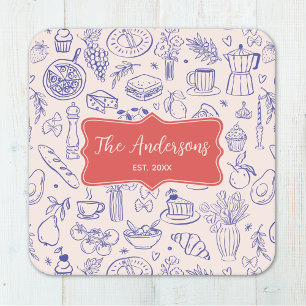 Personalised Family Name Cute Hand Drawn Food Square Paper Coaster