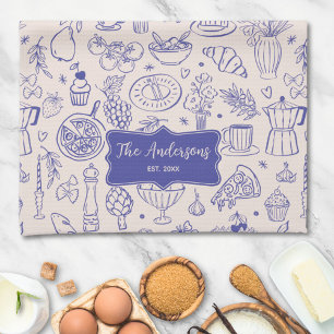 Personalised Family Name Cute Hand Drawn Food Tea Towel