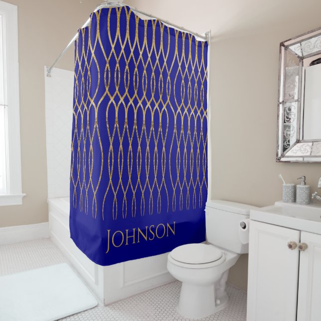 Personalised Family Name Decorative Blue Gold Shower Curtain (In Situ)