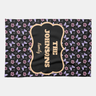 Personalised family name lavender butterfly floral tea towel