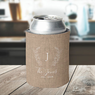 Personalised family name monogram rustic burlap can cooler