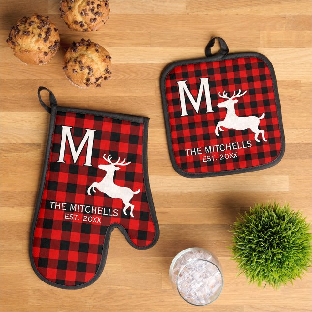 Personalised Family Name Monogram Rustic Deer Oven Mitt & Pot Holder Set (Creator Uploaded)