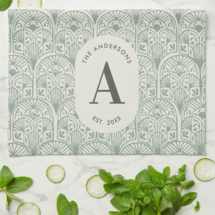 Personalised Family Name Monogram Sage Green Deco Tea Towel