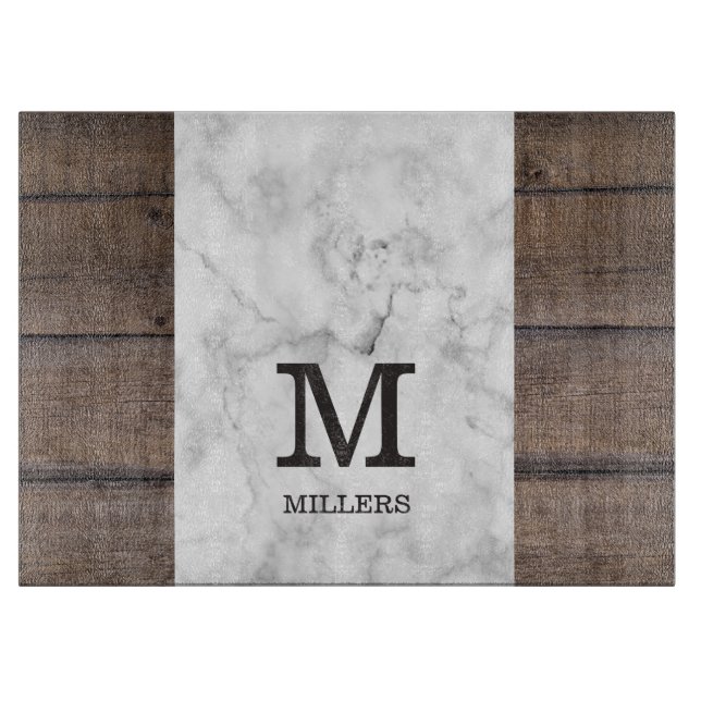 Personalised Family Name Monogram Wood And Marble  Cutting Board (Front)