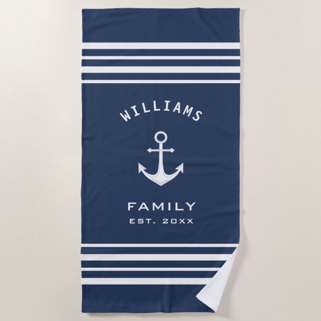 Personalised Family Name Nautical Blue And White Beach Towel (Front)
