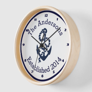 Personalised Family Name Nautical Navy Anchor Wall Clock