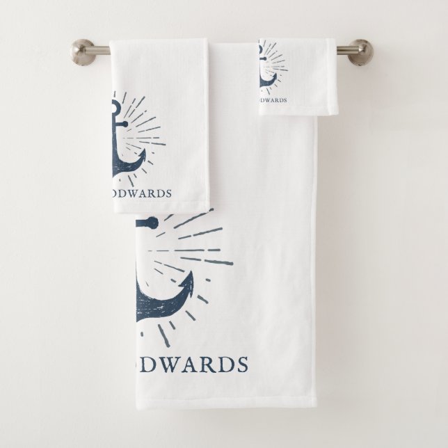 Personalised Family Name Nautical Navy Blue Anchor Bath Towel Set (Insitu)