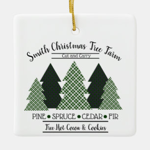 Personalised Family Name Plaid Christmas Tree Farm Ceramic Ornament