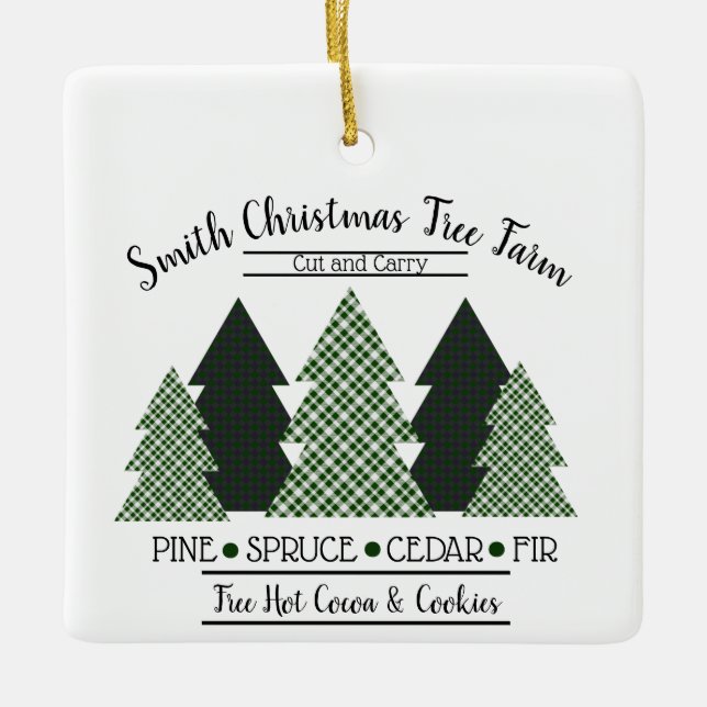 Personalised Family Name Plaid Christmas Tree Farm Ceramic Ornament (Front)