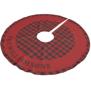Personalised family name Red Black Tartan Brushed Polyester Tree Skirt