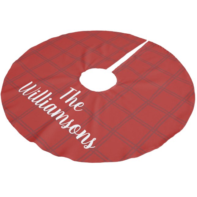 Personalised Family Name Red Check Plaid Rustic Brushed Polyester Tree Skirt (Angled)