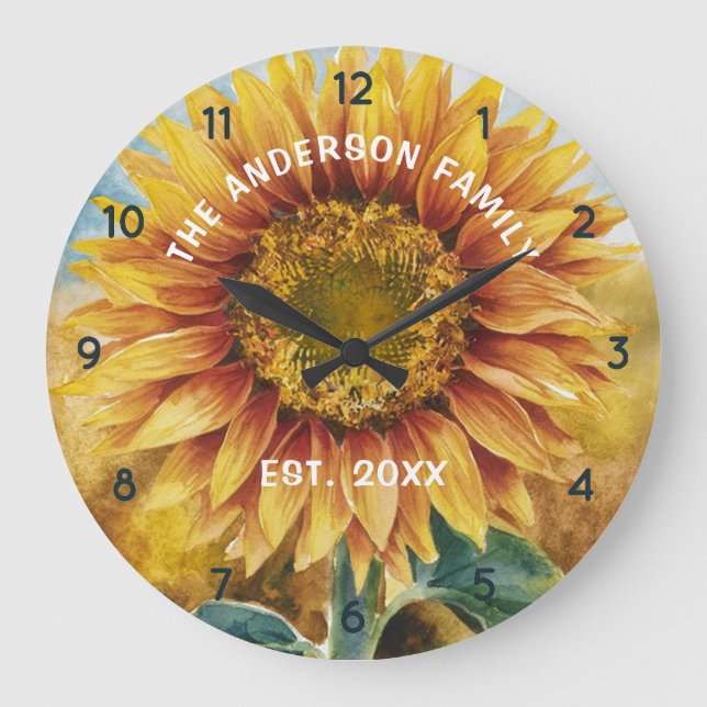 Personalised Family Name Sunflower Watercolor  Large Clock (Front)
