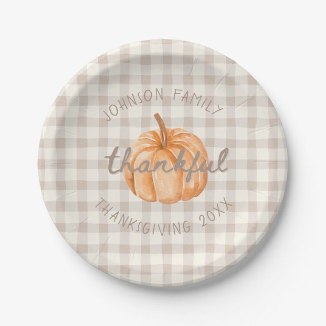Personalised Family Name Thankful Neutral Gingham  Paper Plate (Front)