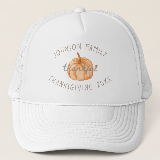Personalised Family Name Thankful Neutral Gingham  Trucker Hat (Front)