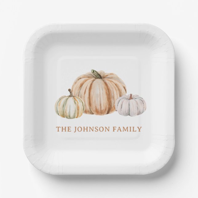 Personalised Family Name Thankful Neutral Pumpkin Paper Plate (Front)