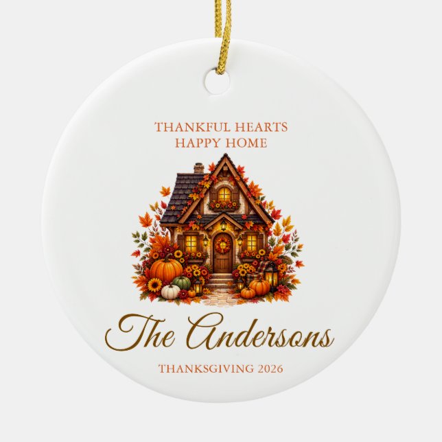 Personalised family name Thanksgiving  Ceramic Tree Decoration (Front)