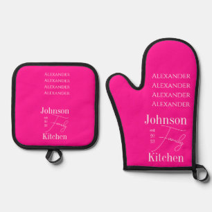 Personalised Family Names Hot Pink Oven Mitt & Pot Holder Set