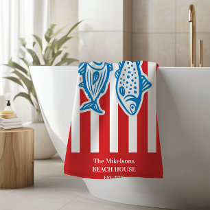 Personalised Family Nautical Red Sardine Stripes Bath Towel