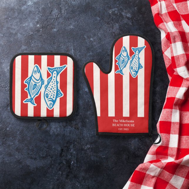 Personalised Family Nautical Red Sardine Stripes Oven Mitt & Pot Holder Set (Creator Uploaded)