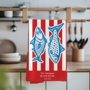 Personalised Family Nautical Red Sardine Stripes Tea Towel