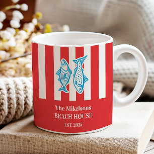 Personalised Family Nautical Red Sardine Stripes Two-Tone Coffee Mug