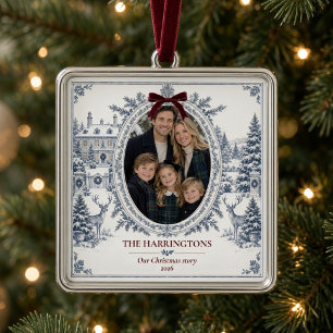 Personalised Family Photo Blue Winter Toile Metal Tree Decoration