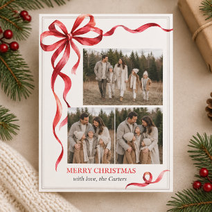 Personalised Family Photo Christmas Red Bow Card