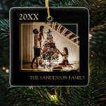 Personalised Family Photo Christmas Tree Ceramic Ornament<br><div class="desc">Why not add this stylish photo christmas tree decoration to your collection this year. The ornament features a black background with gold editable text,  of your family name,  plus the year and your favourite christmas holiday photo.</div>