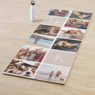 Personalised Family Photo Collage Beige Monogram Yoga Mat