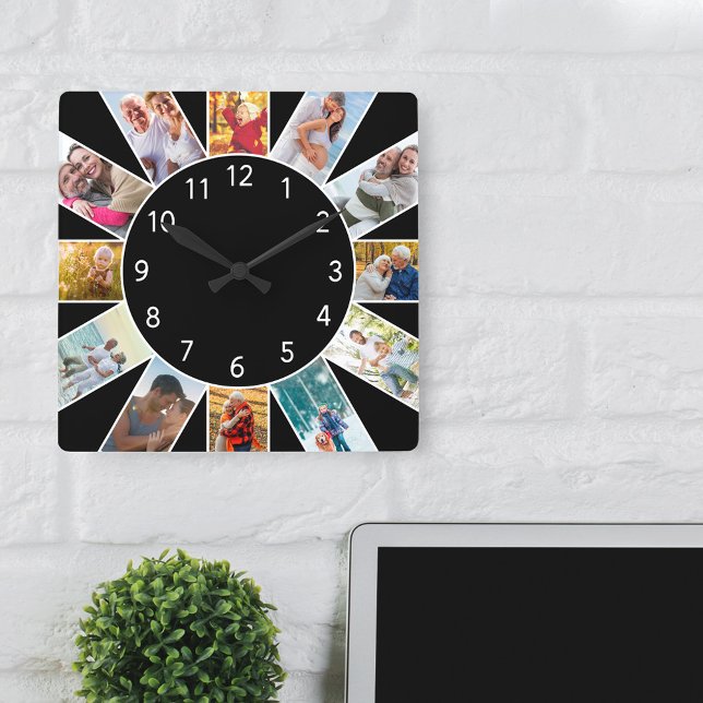 Personalised Family Photo Collage Black Square Wall Clock (Brighten up your home or office with a stylsh photo clock in modern black and white)