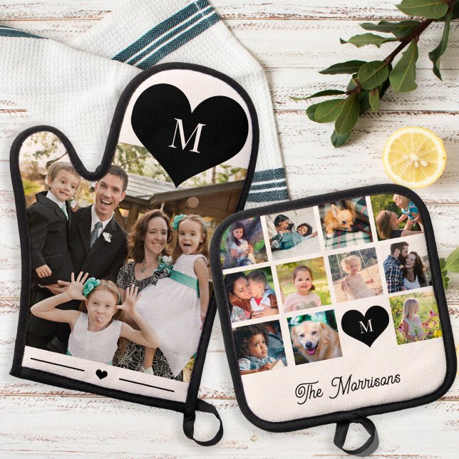 Personalised family photo collage name monogram oven mitt & pot holder set (Creator Uploaded)