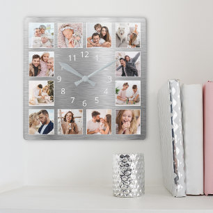 Personalised Family Photo Elegant Silver Square Wall Clock