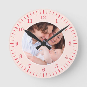 Personalised Family Photo Pink & Red Classic Round Clock