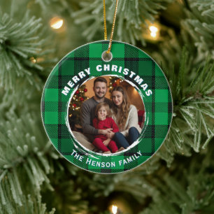 Personalised Family Photo Plaid Pattern Christmas  Ceramic Tree Decoration