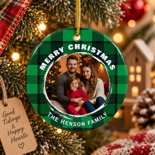 Personalised Family Photo Plaid Pattern Christmas Ceramic Tree Decoration