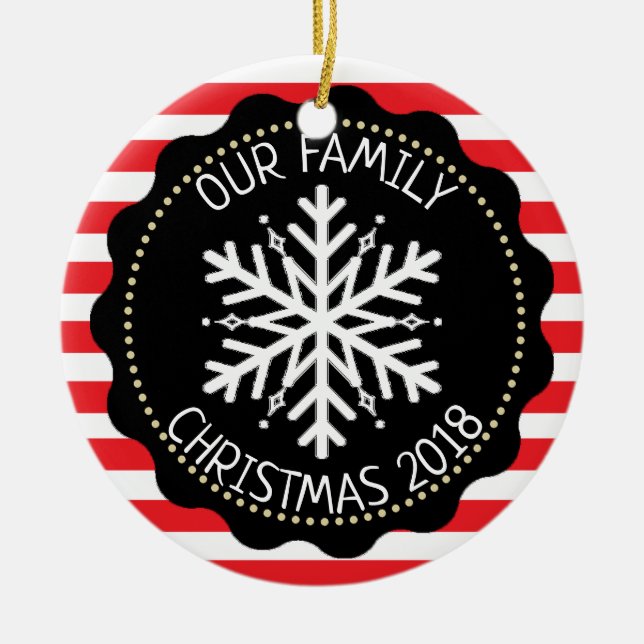 Personalised Family Photo Red White Snowflake Ceramic Tree Decoration (Front)