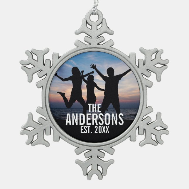 Personalised Family Photo with Family Name Snowflake Pewter Christmas Ornament (Front)
