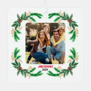 Personalised Family Photo with Holly Border Metal Tree Decoration
