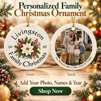 Personalised Family Photo with White Poinsettia Ceramic Tree Decoration