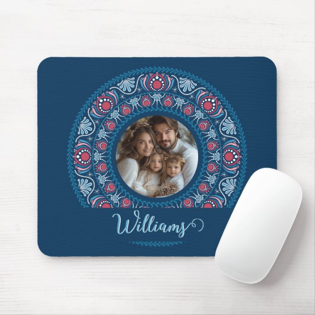 Personalised Family Portrait Blue Festive Mandala Mouse Pad (With Mouse)