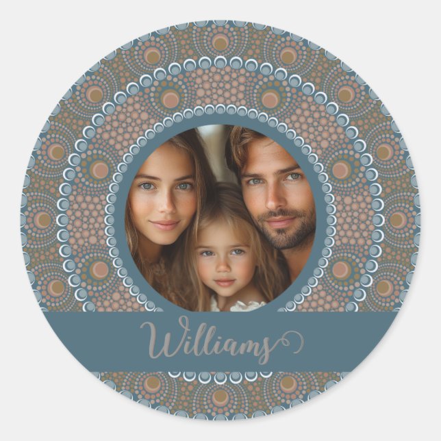 Personalised Family Portrait Teal and Gold Mandala Classic Round Sticker (Front)