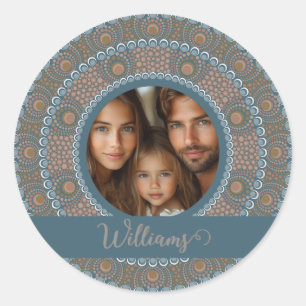 Personalised Family Portrait Teal and Gold Mandala Classic Round Sticker
