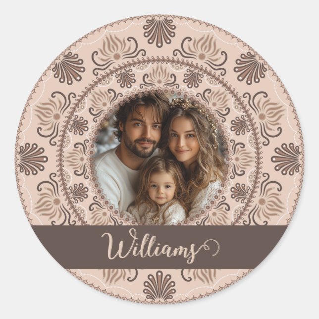 Personalised Family Portrait Warm Neutrals Mandala Classic Round Sticker (Front)