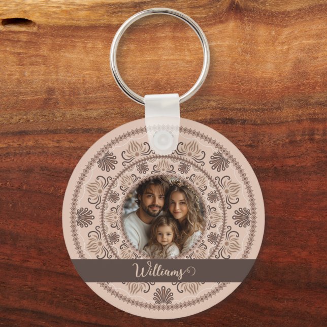 Personalised Family Portrait Warm Neutrals Mandala Key Ring (Front)