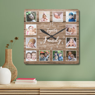 Personalised Family Quote 12 Photo Collage  Wood Square Wall Clock