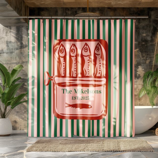 Personalised Family Retro Sardine Tin Stripes Shower Curtain (Creator Uploaded)