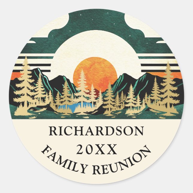 Personalised Family Reunion Outdoor Retro Sunset Classic Round Sticker (Front)