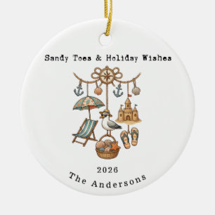 Personalised Family Sandy Toes & Holiday Wishes Ceramic Tree Decoration